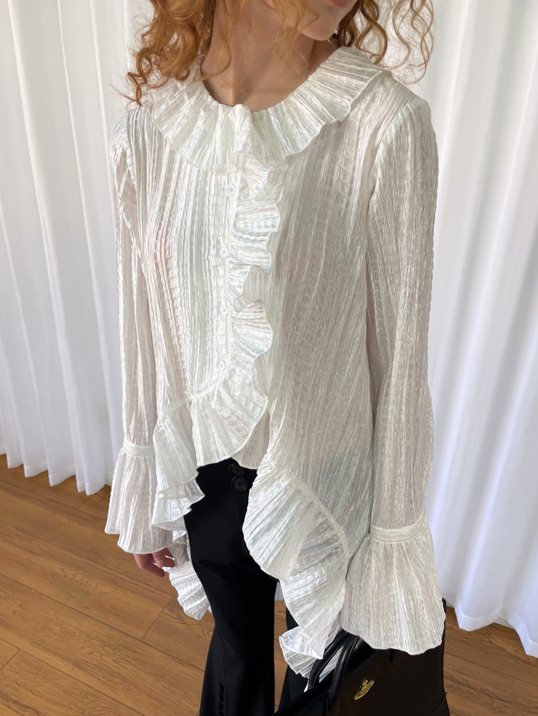 【Loose Smell】Pleated Ruffle Long Blouse