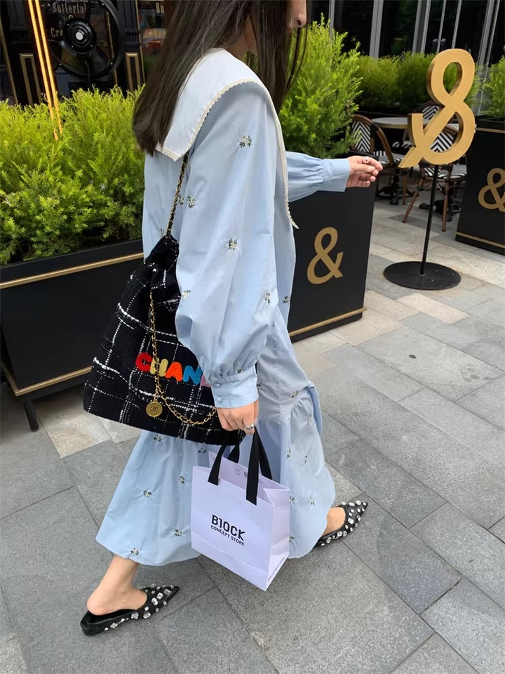 Embroidered Sailor Collar Shirt Dress