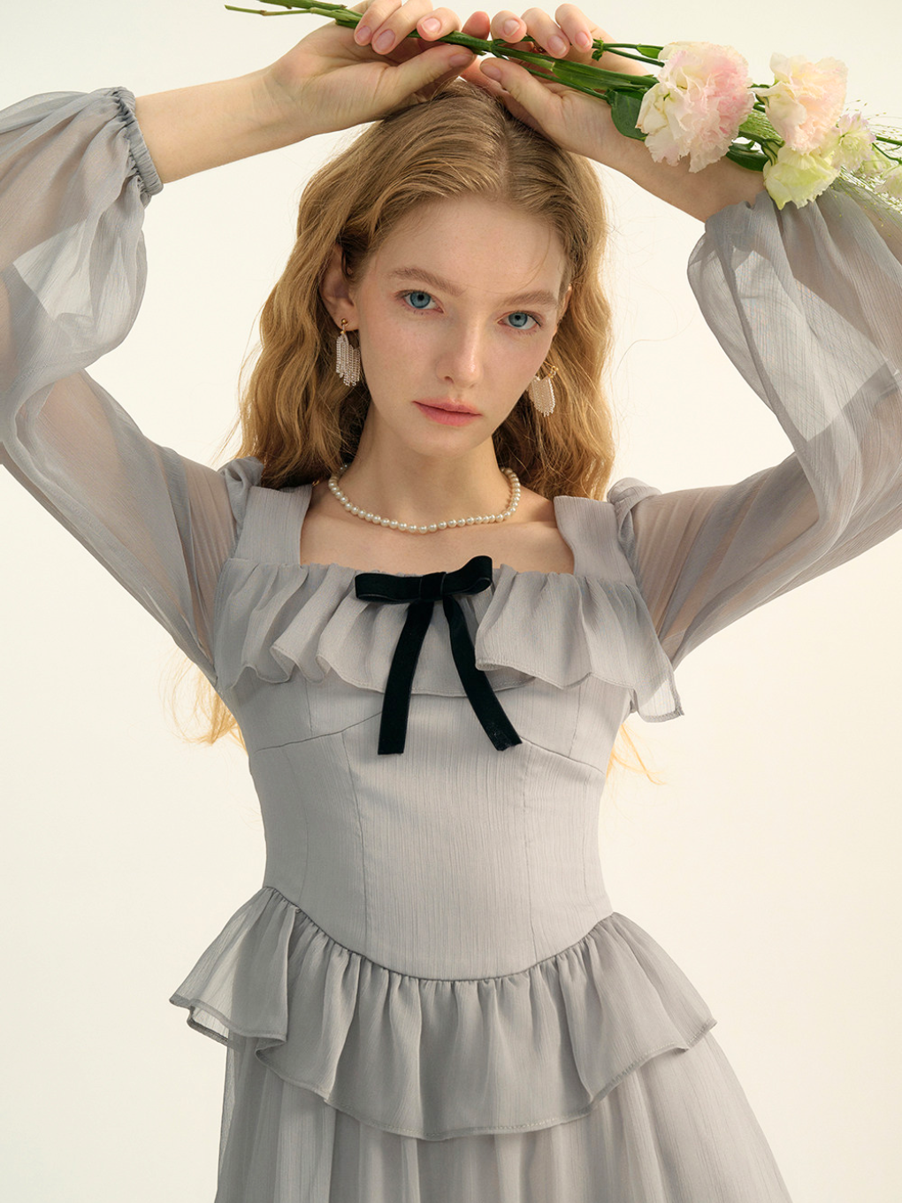 Sheer Ribbon Frill Dress
