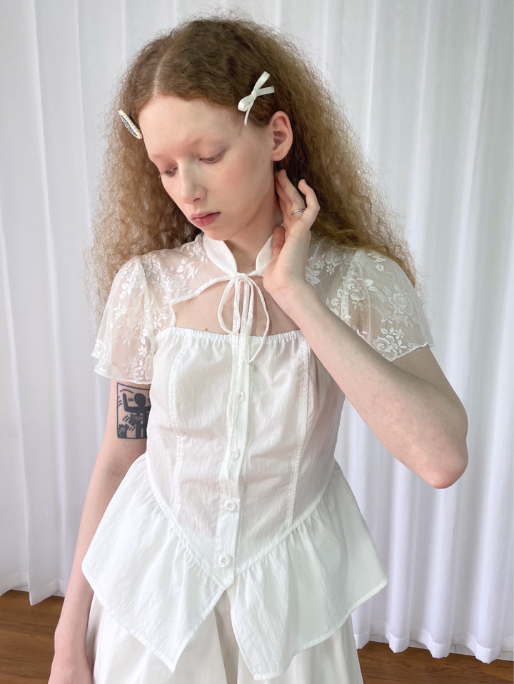 【Loose Smell】Lace Yoke Peplum Blouse