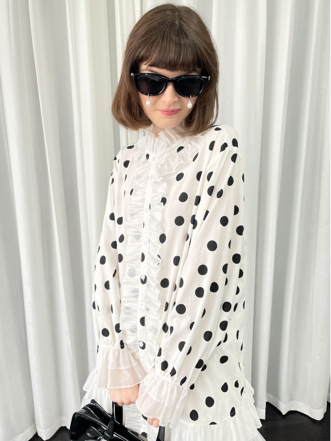 【Loose Smell】Polka Dot Frill Stand Collar Blouse