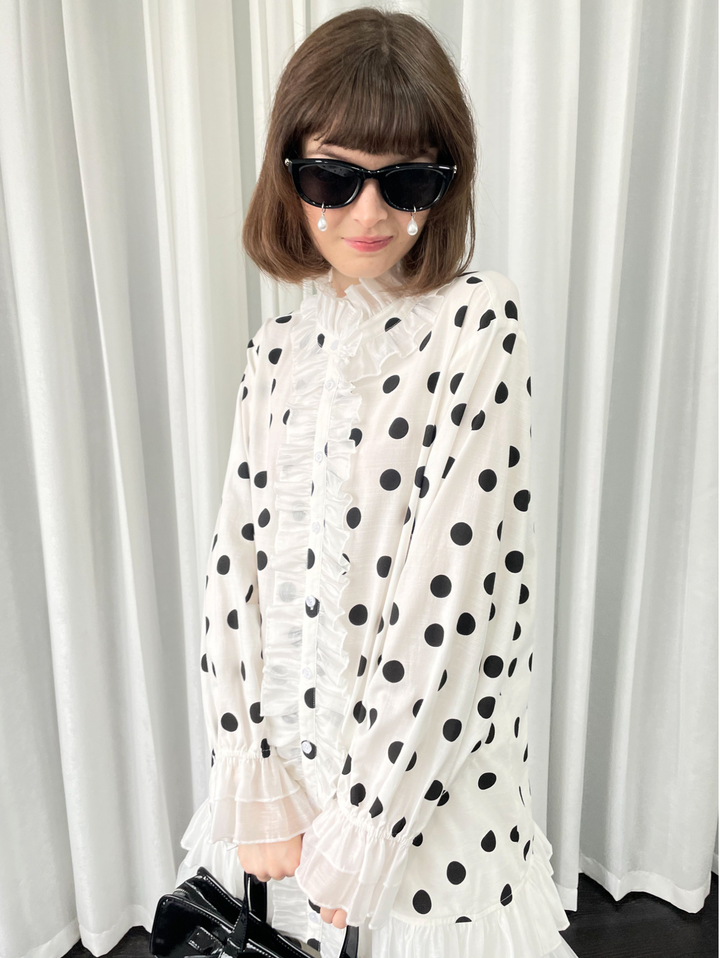 【Loose Smell】Polka Dot Frill Stand Collar Blouse