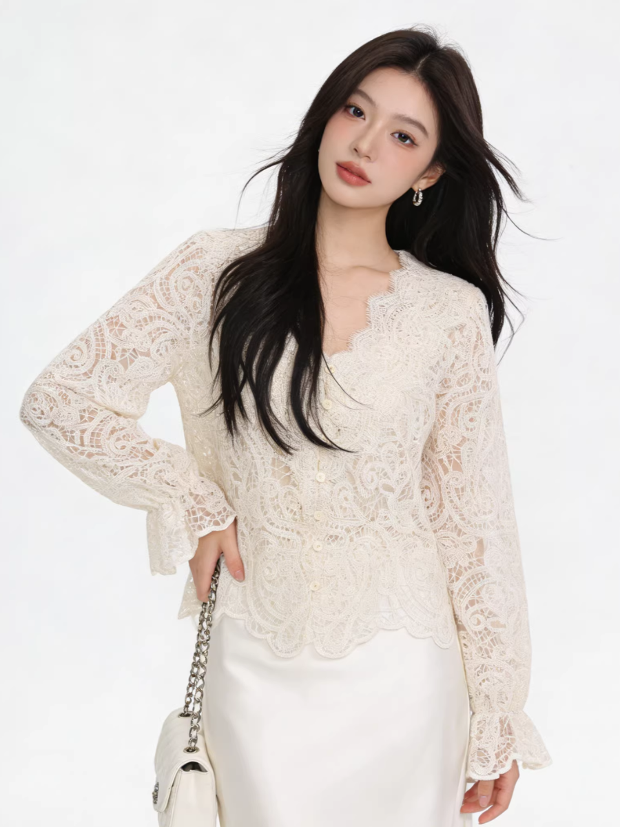 Scalloped V-Neck Lace Blouse