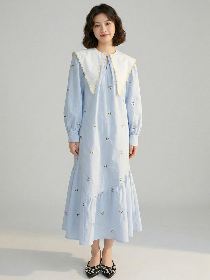 Embroidered Sailor Collar Shirt Dress