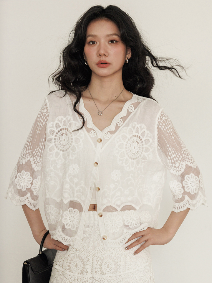 Sheer Floral Lace Cardigan Blouse