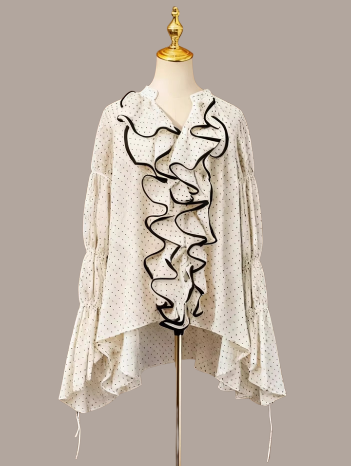 Polka Dot Contrast Frill Blouse
