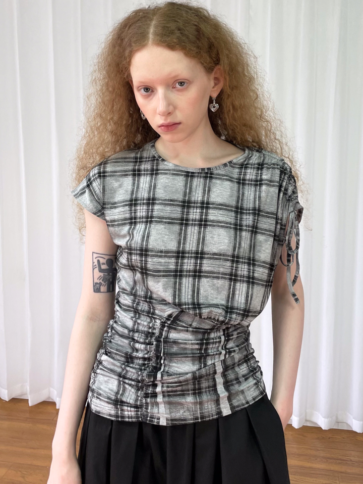 【Loose Smell】Drawstring Check Shirring Top
