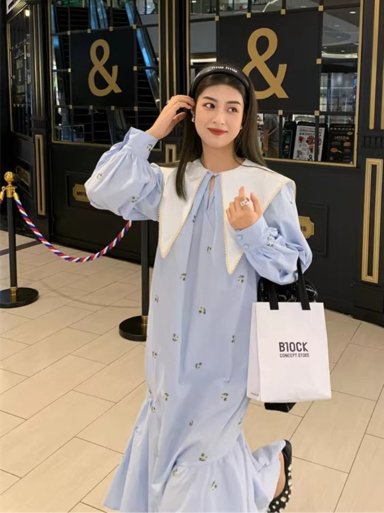 Embroidered Sailor Collar Shirt Dress