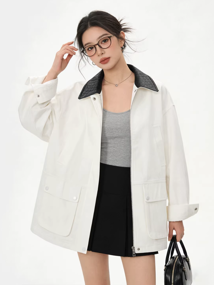 Contrast Leather Collar Jacket