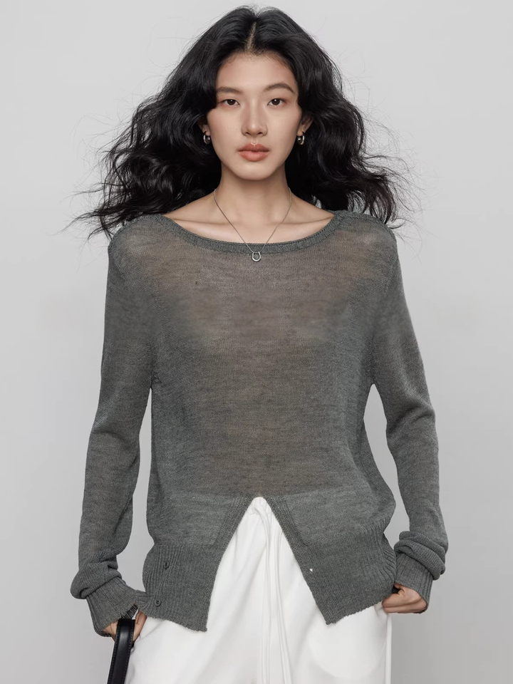Front Slit Sheer Knit Top