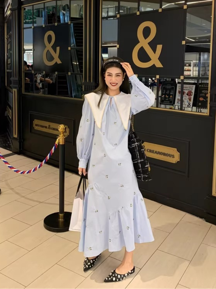 Embroidered Sailor Collar Shirt Dress