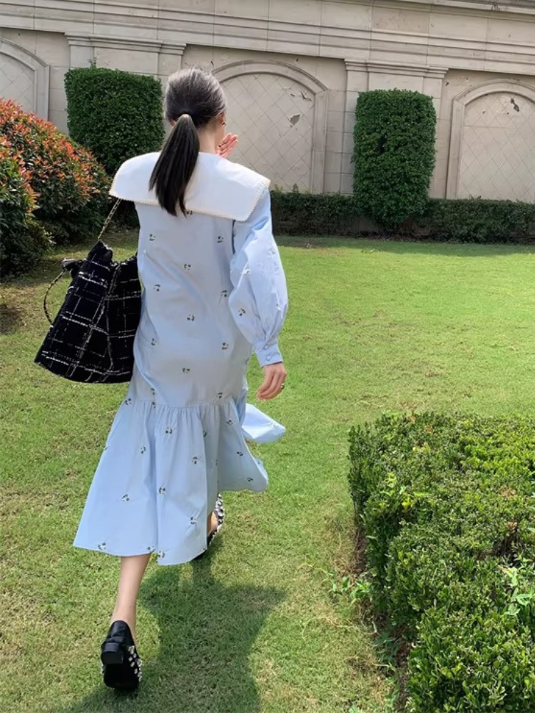 Embroidered Sailor Collar Shirt Dress