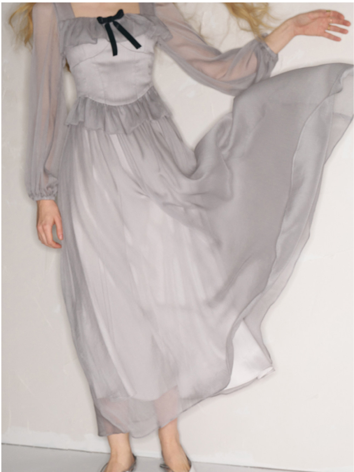 Sheer Ribbon Frill Dress