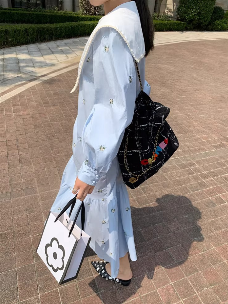 Embroidered Sailor Collar Shirt Dress