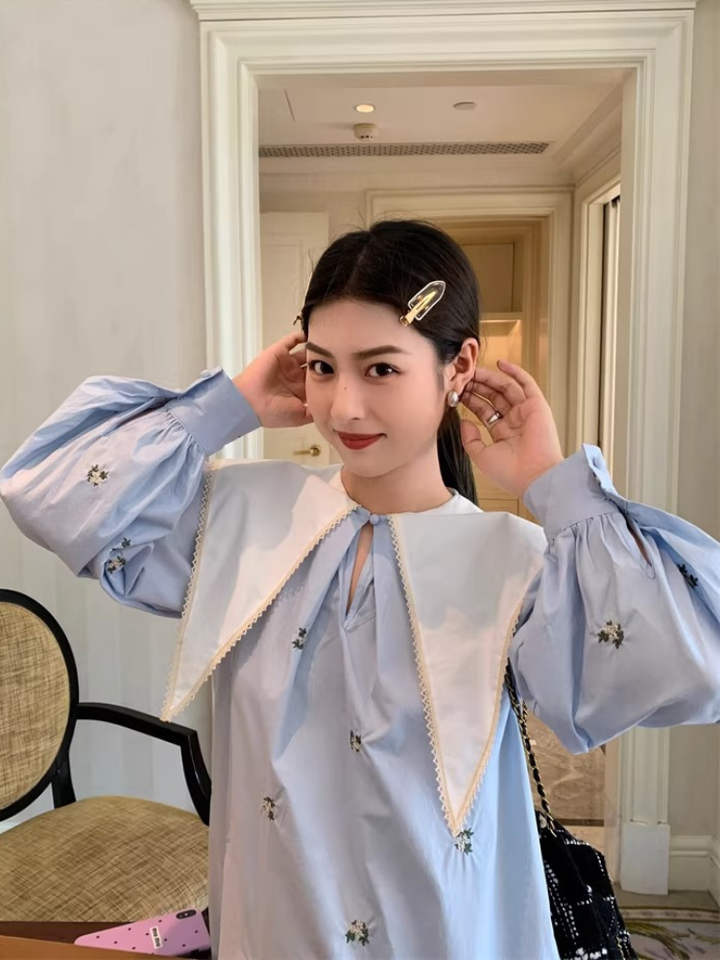 Embroidered Sailor Collar Shirt Dress