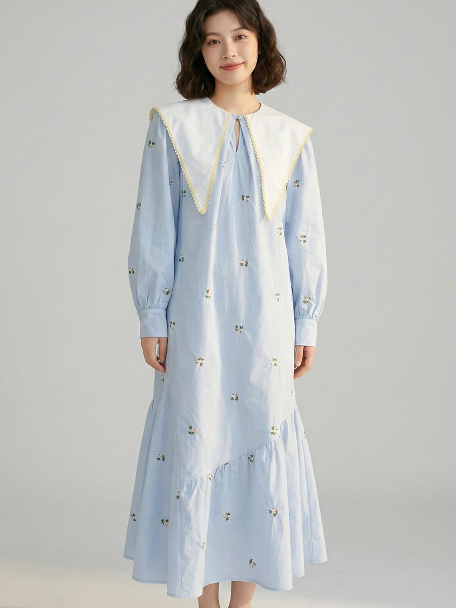 Embroidered Sailor Collar Shirt Dress