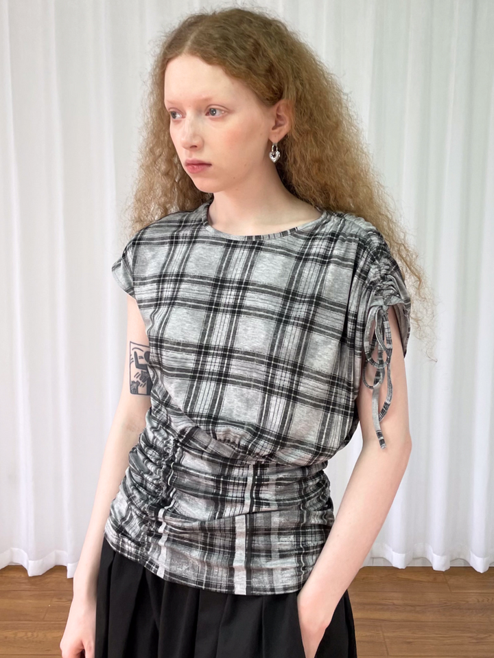 【Loose Smell】Drawstring Check Shirring Top