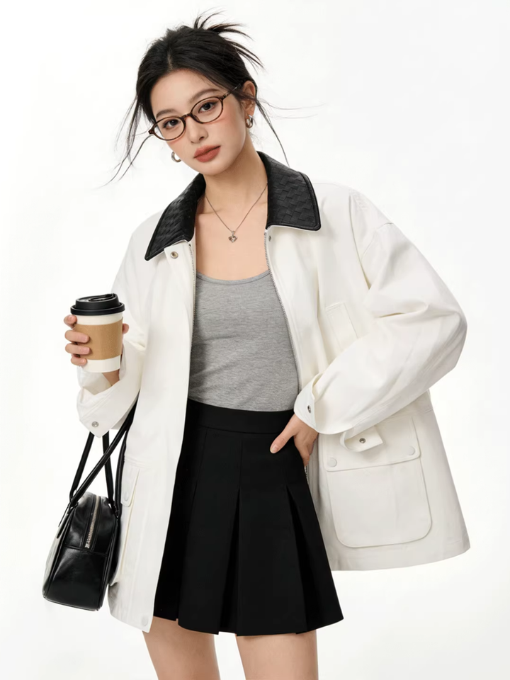 Contrast Leather Collar Jacket