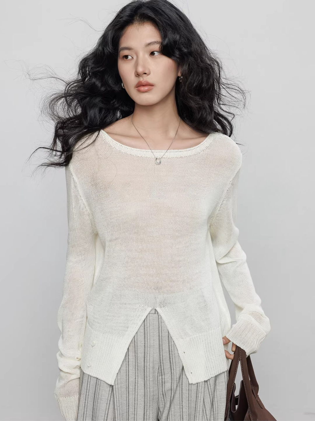 Front Slit Sheer Knit Top