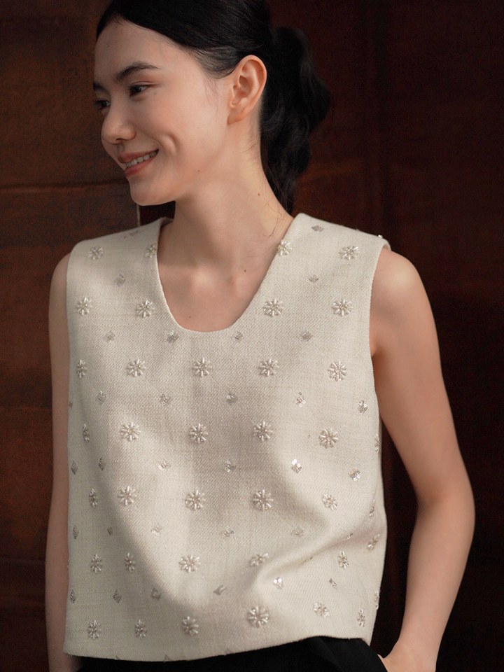 Floral Beaded Tweed Top