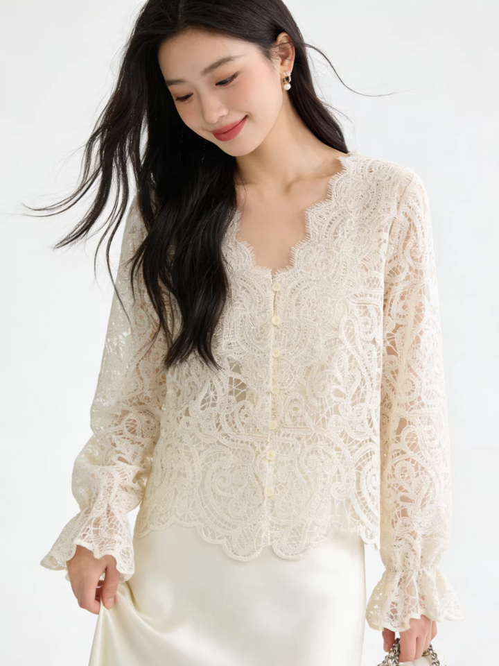 Scalloped V-Neck Lace Blouse