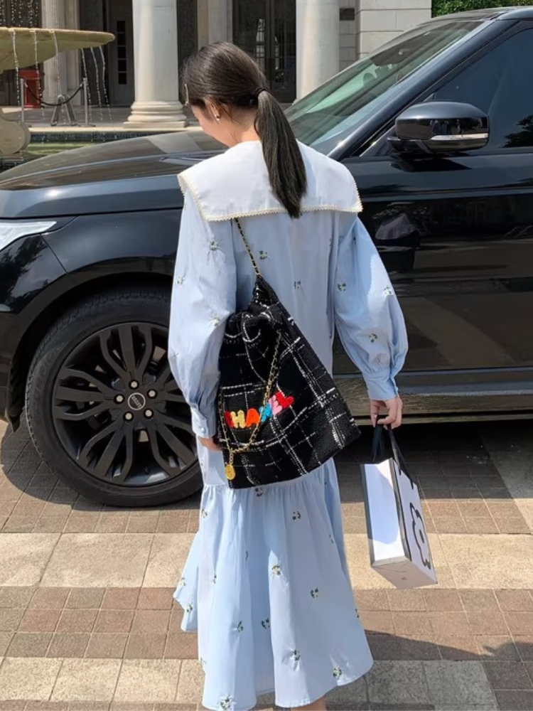 Embroidered Sailor Collar Shirt Dress