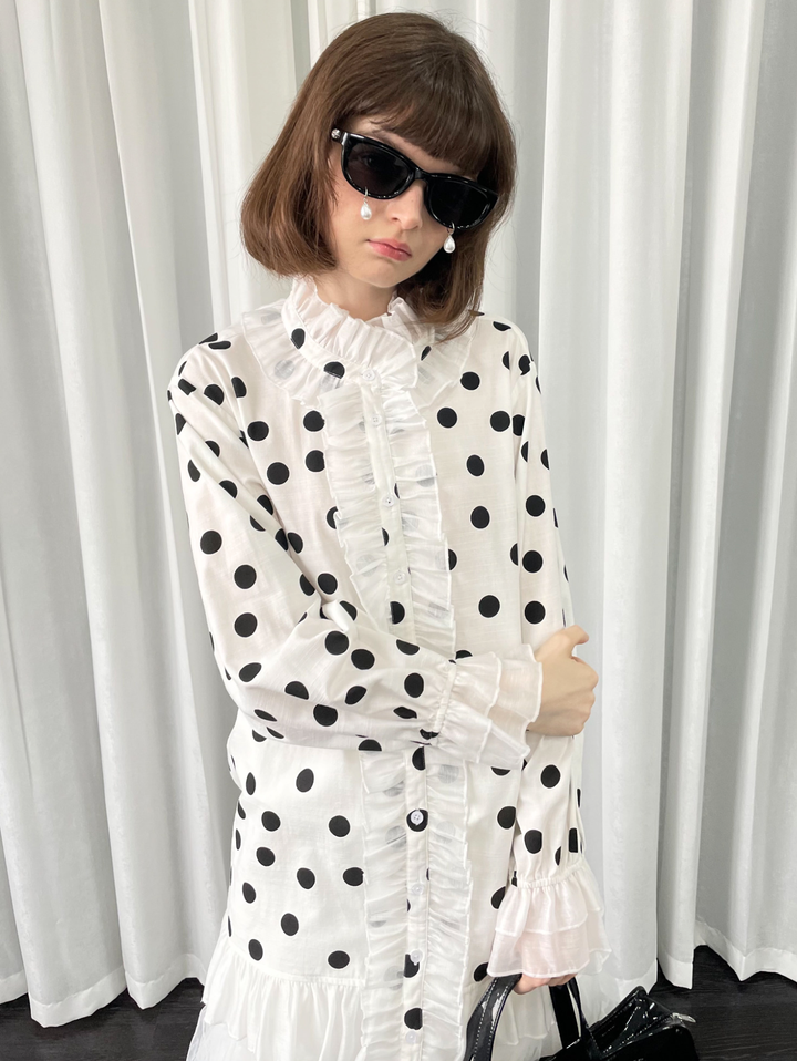 【Loose Smell】Polka Dot Frill Stand Collar Blouse