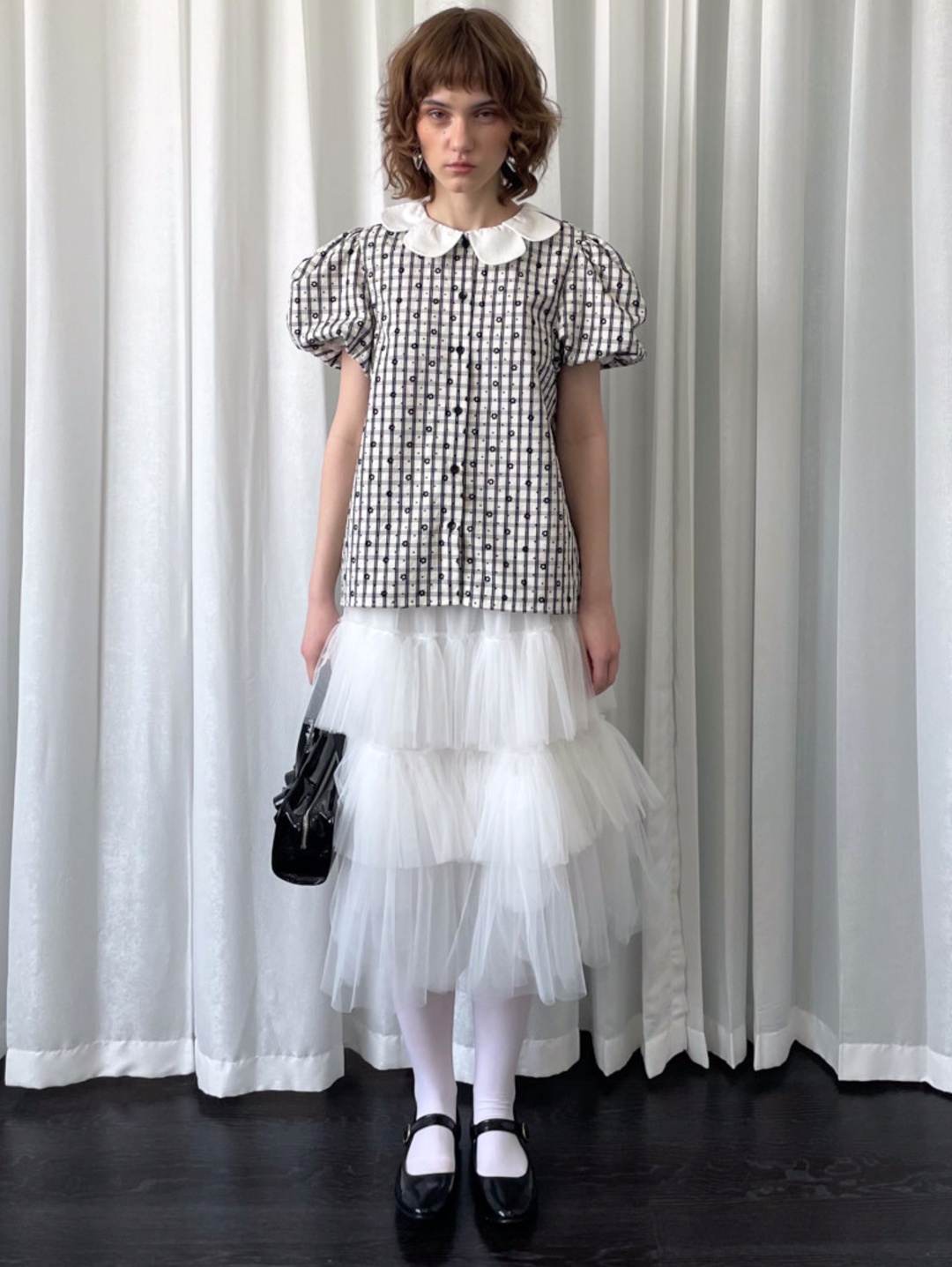 【Loose Smell】Petal Collar Floral Check Blouse