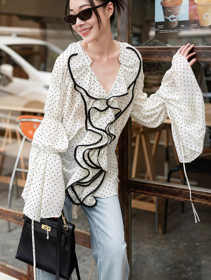 Polka Dot Contrast Frill Blouse