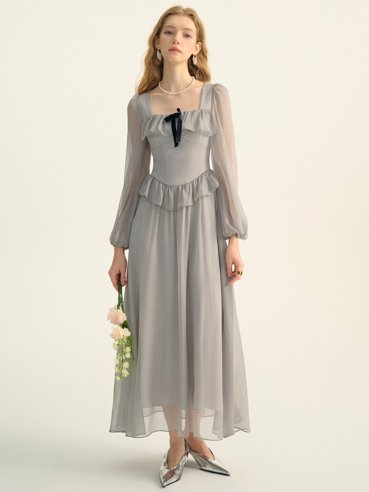 Sheer Ribbon Frill Dress