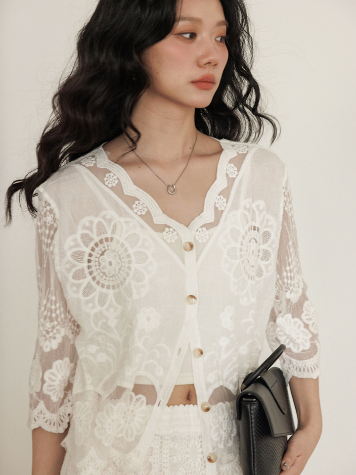 Sheer Floral Lace Cardigan Blouse