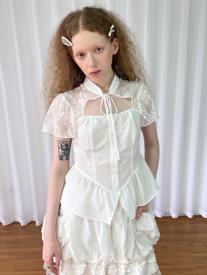 【Loose Smell】Lace Yoke Peplum Blouse