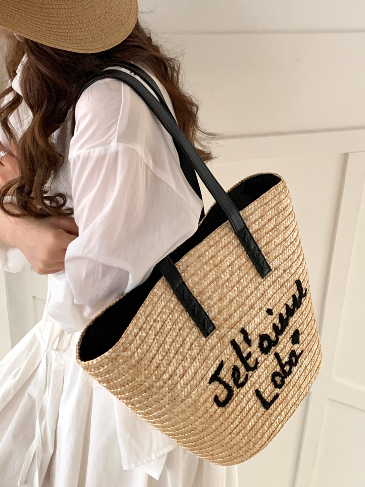 Je t’aime Logo Straw Tote Bag