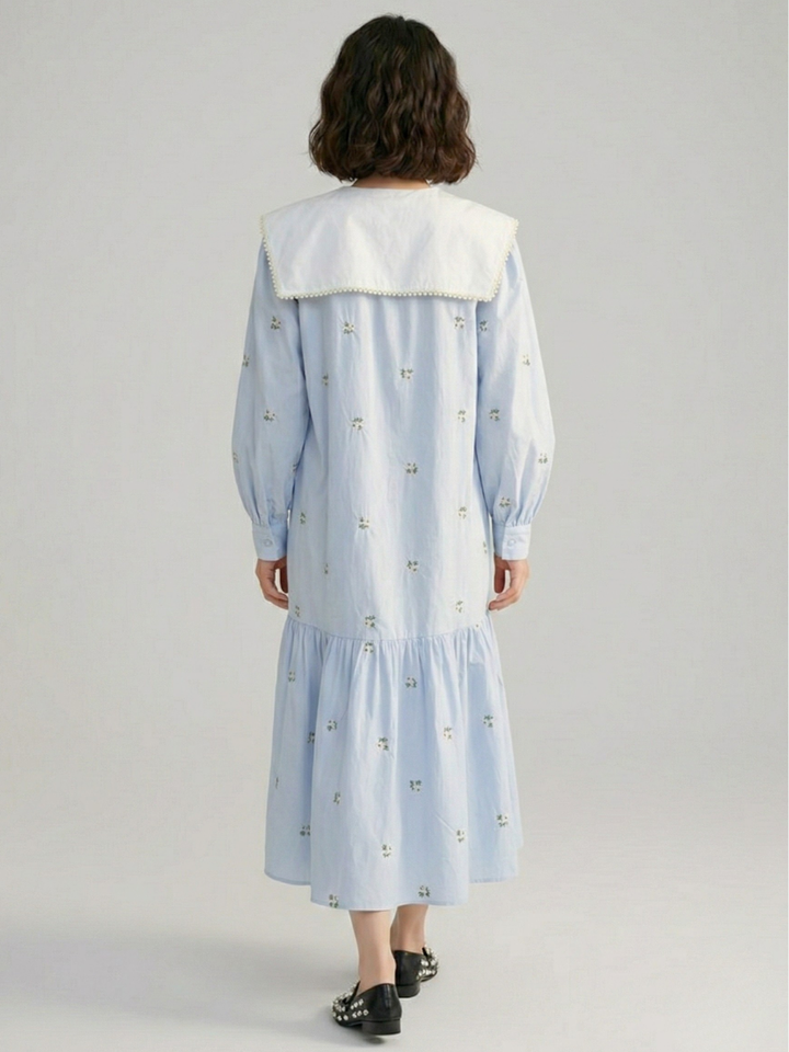 Embroidered Sailor Collar Shirt Dress