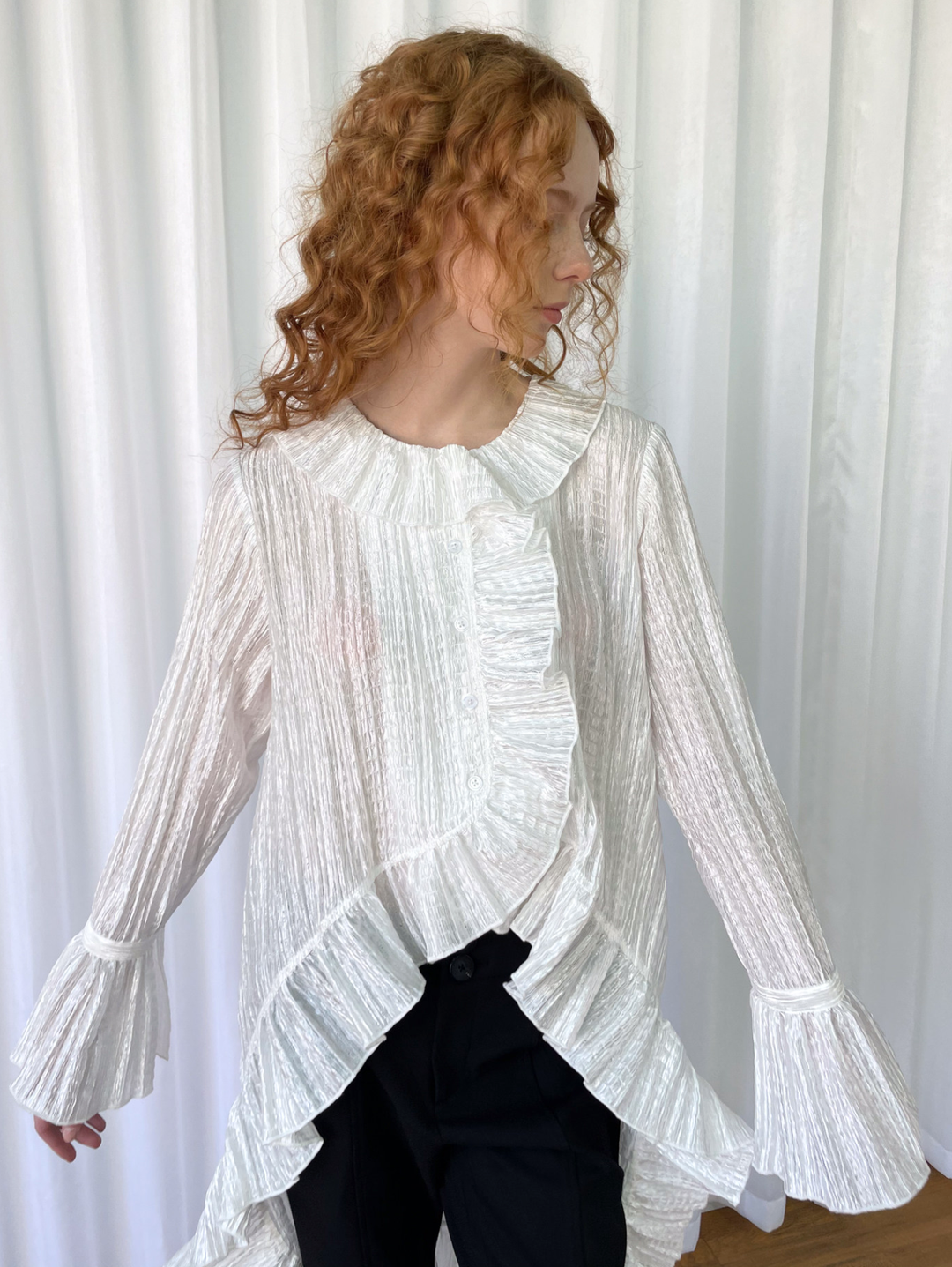 【Loose Smell】Pleated Ruffle Long Blouse