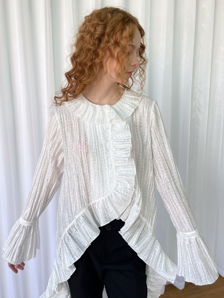 【Loose Smell】Pleated Ruffle Long Blouse