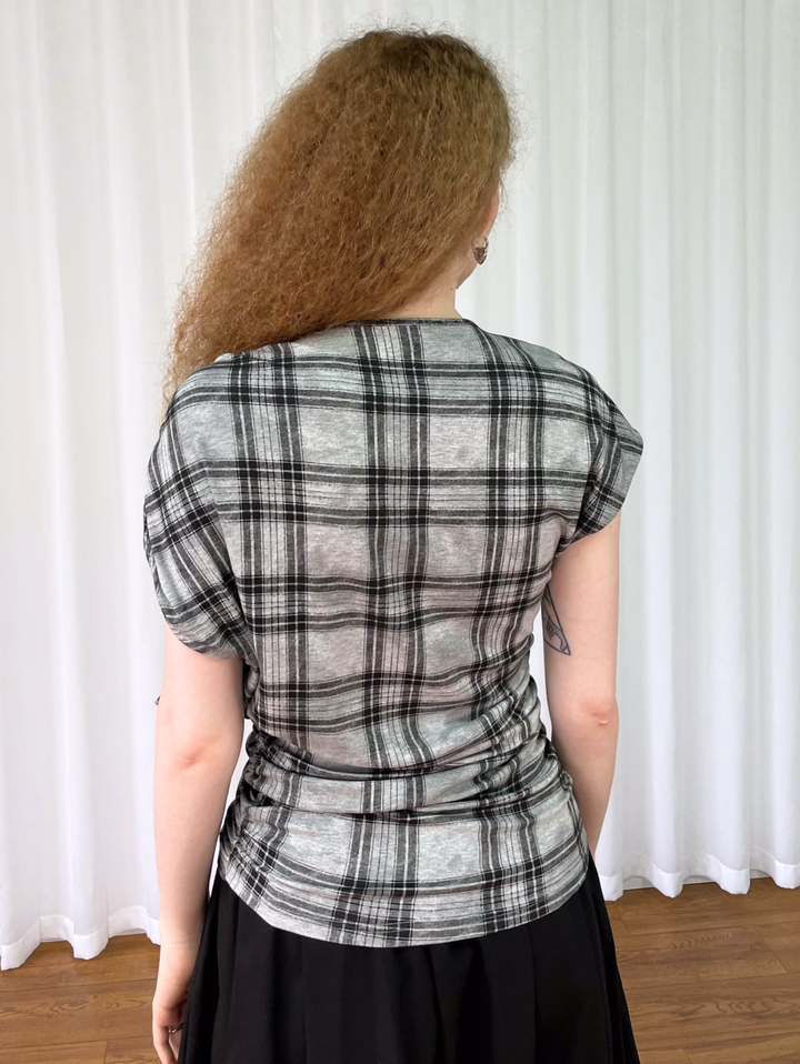 【Loose Smell】Drawstring Check Shirring Top