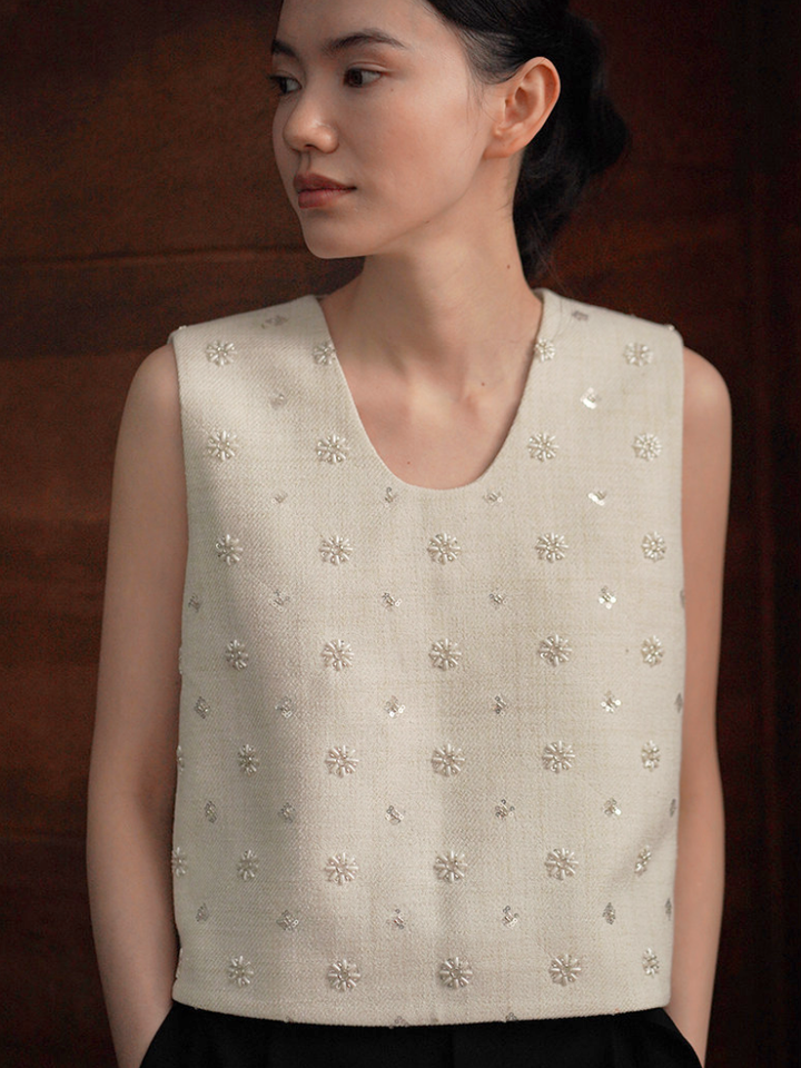 Floral Beaded Tweed Top