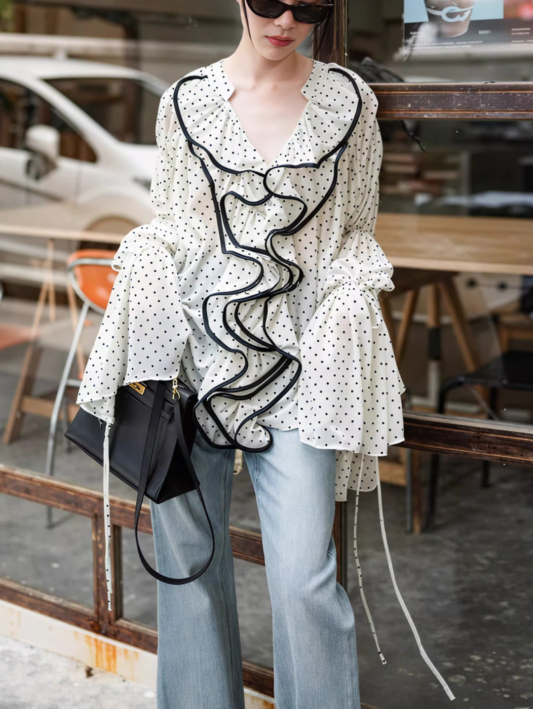 Polka Dot Contrast Frill Blouse