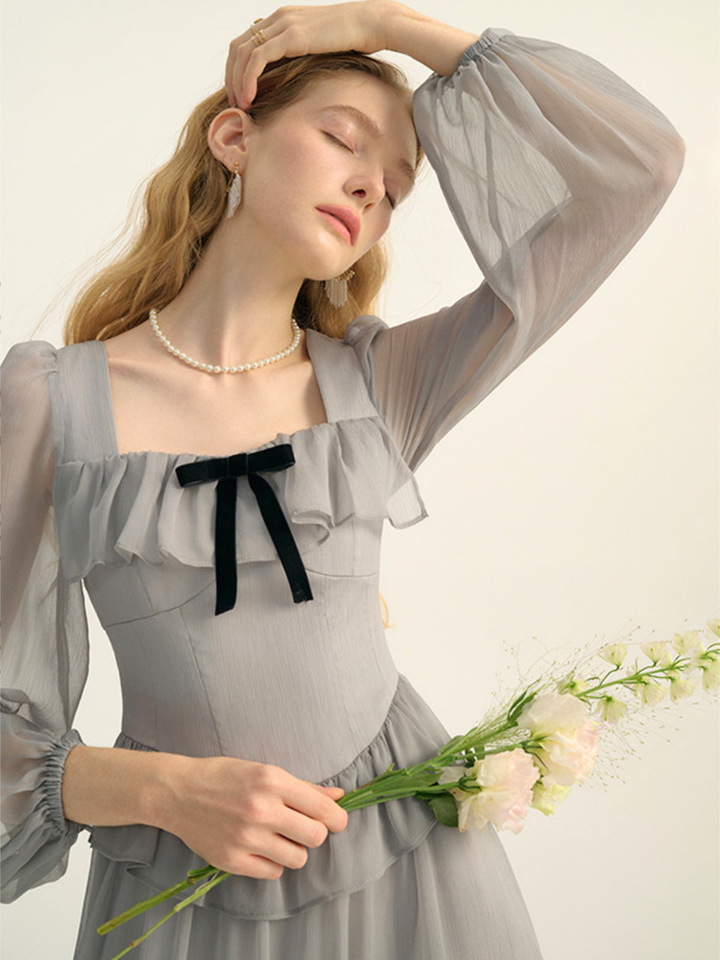 Sheer Ribbon Frill Dress