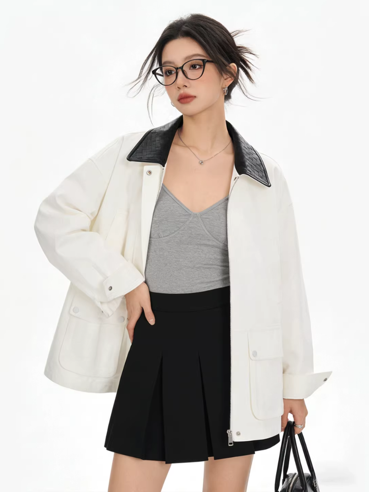 Contrast Leather Collar Jacket