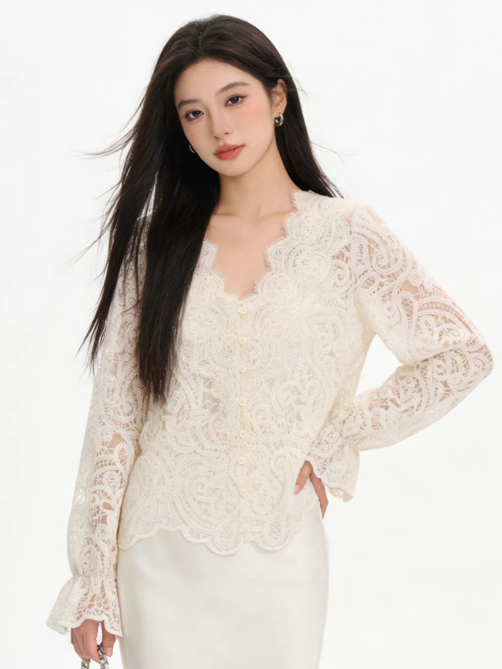 Scalloped V-Neck Lace Blouse