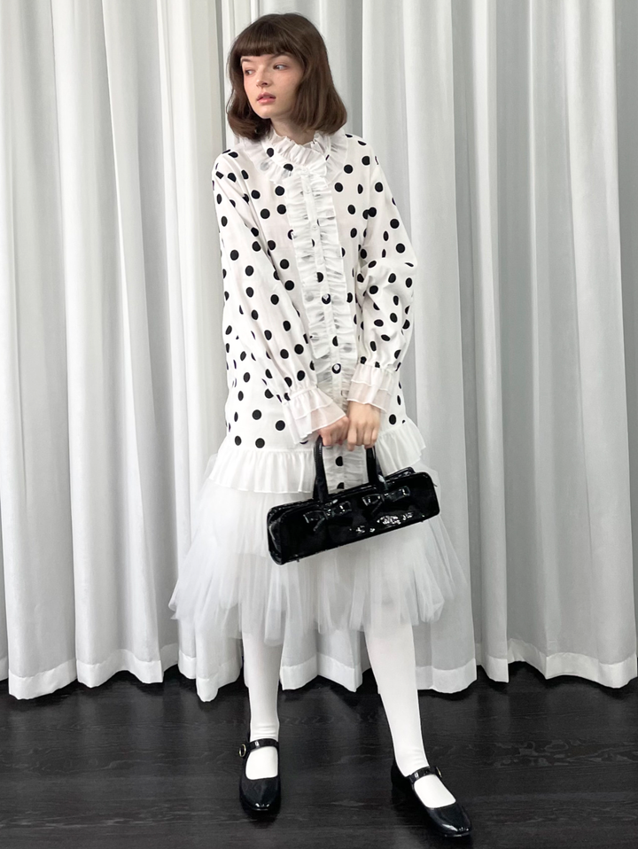 【Loose Smell】Polka Dot Frill Stand Collar Blouse