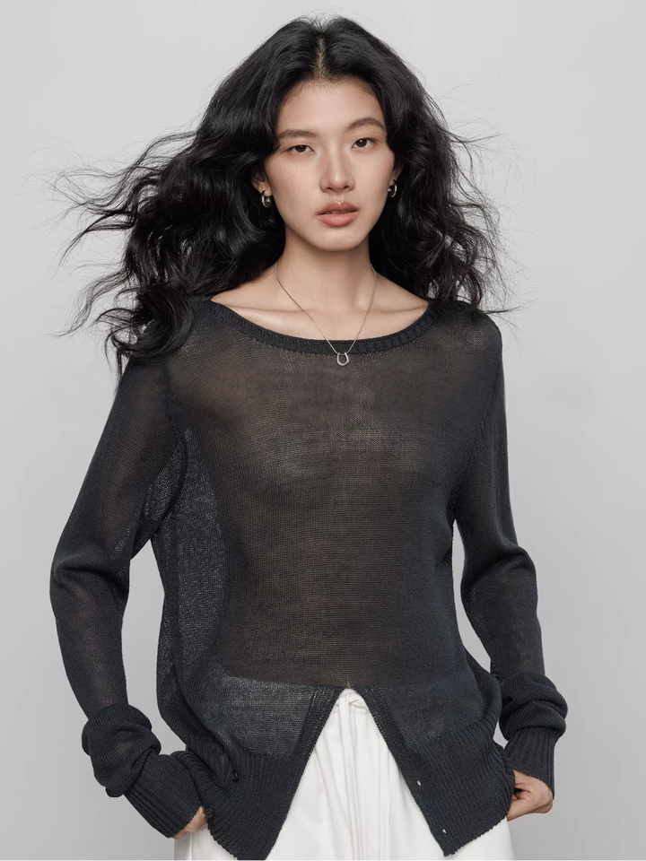 Front Slit Sheer Knit Top