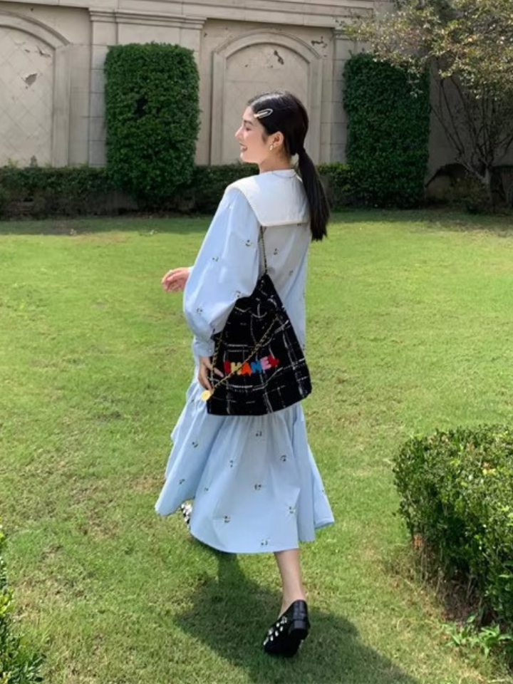 Embroidered Sailor Collar Shirt Dress