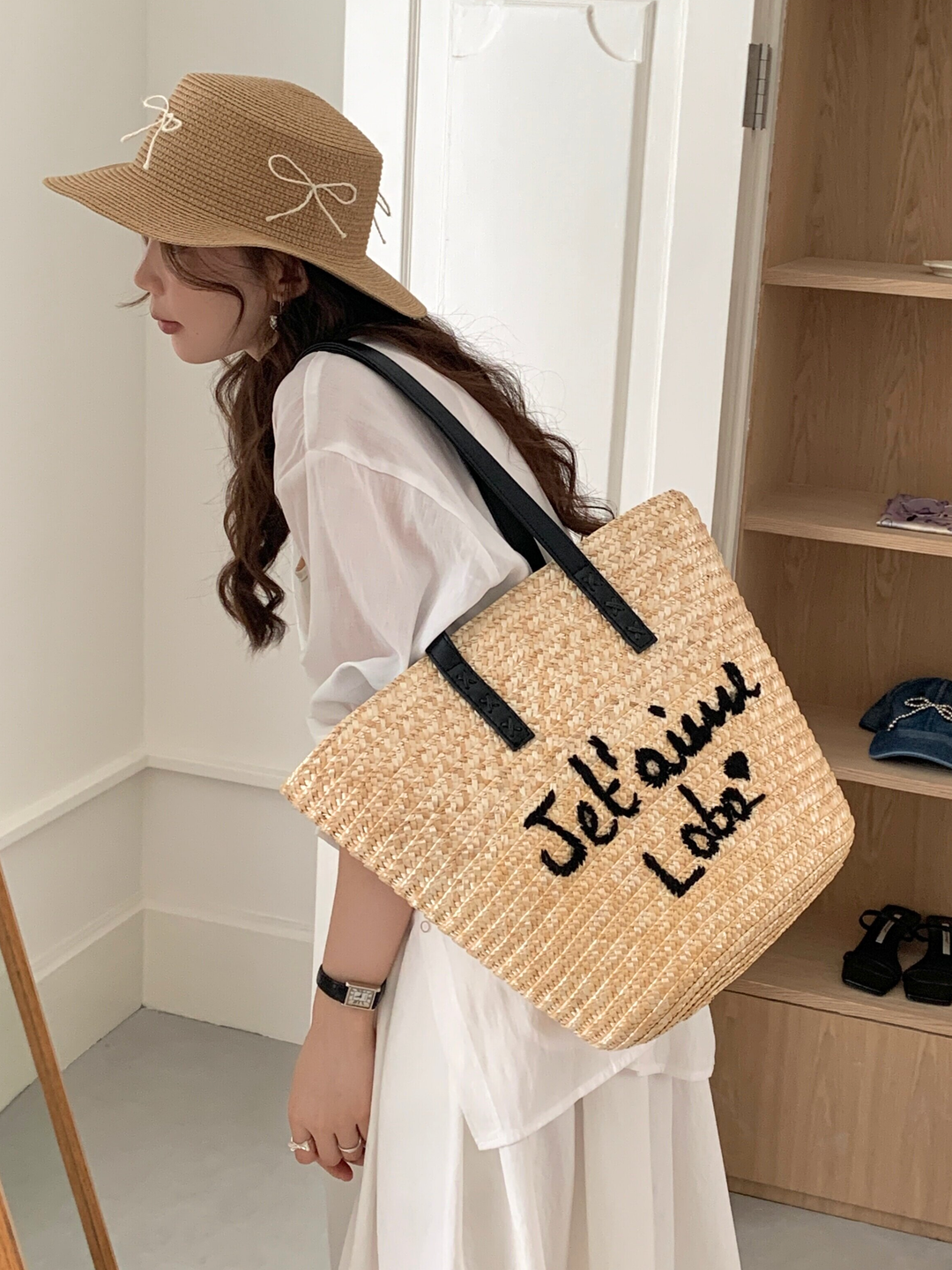 Je t’aime Logo Straw Tote Bag