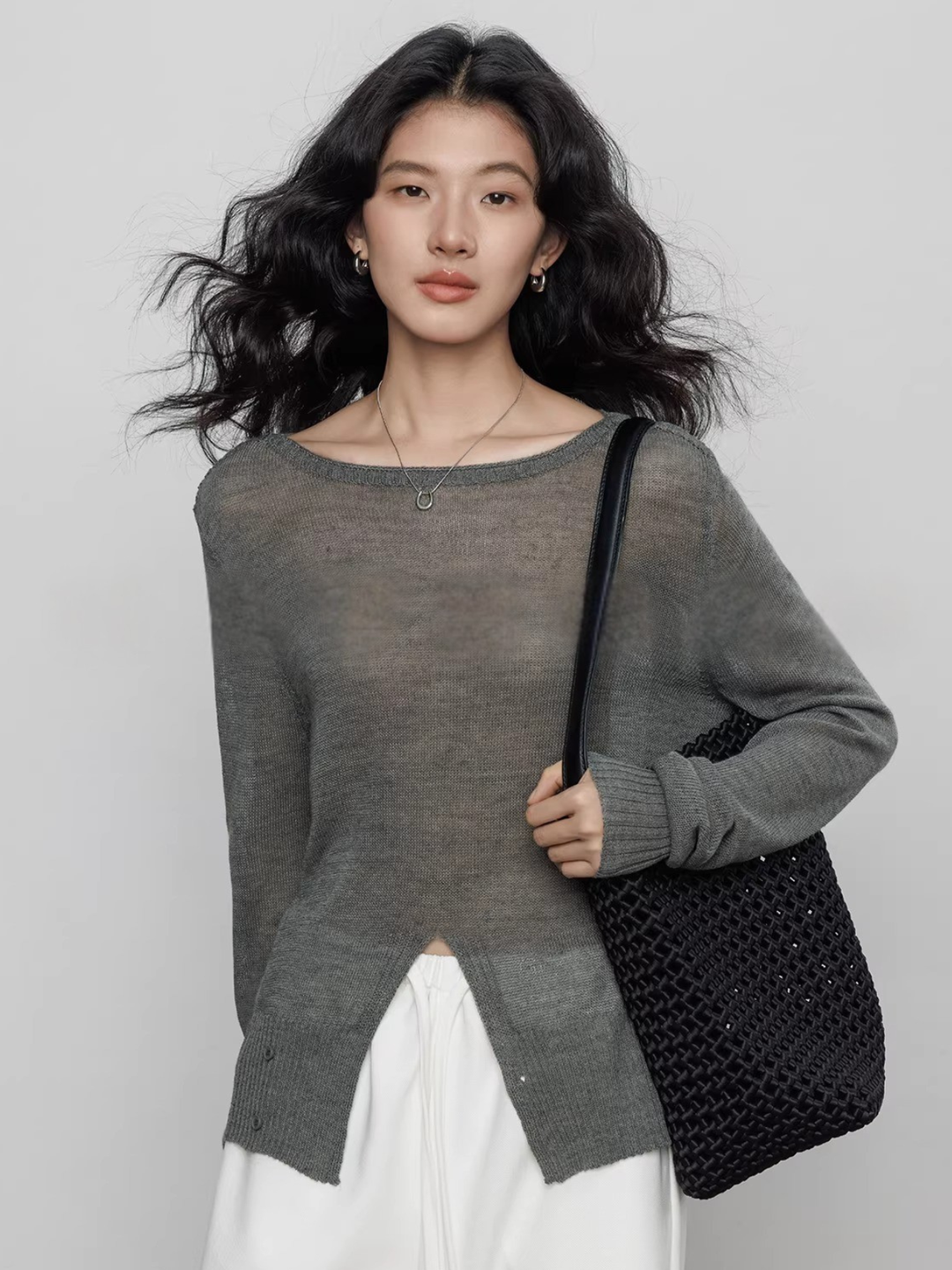Front Slit Sheer Knit Top