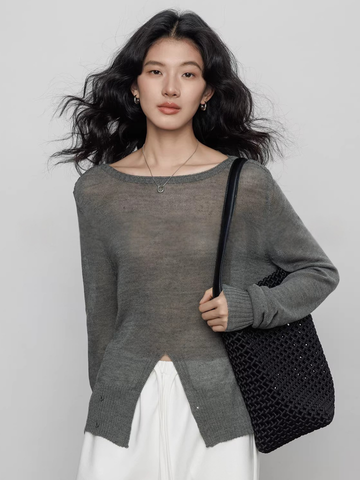 Front Slit Sheer Knit Top