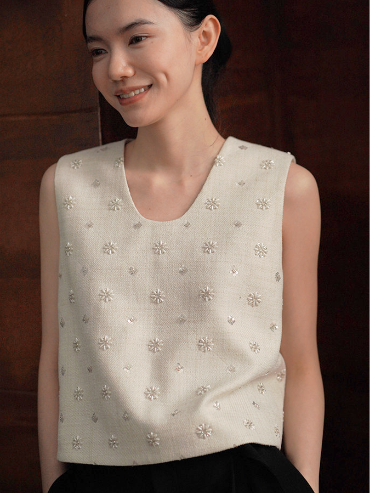 Floral Beaded Tweed Top