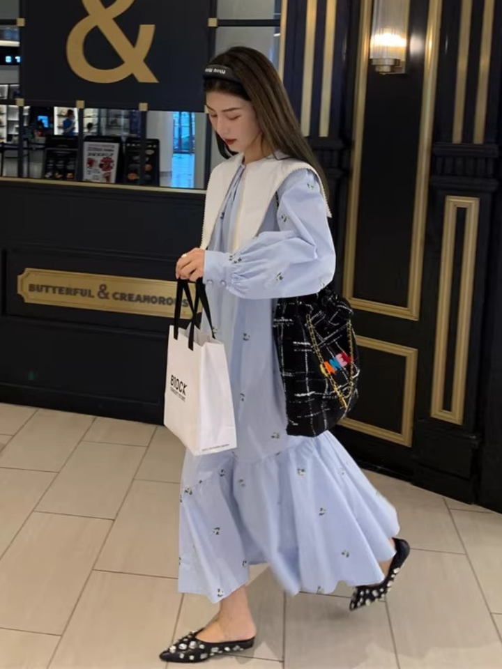Embroidered Sailor Collar Shirt Dress